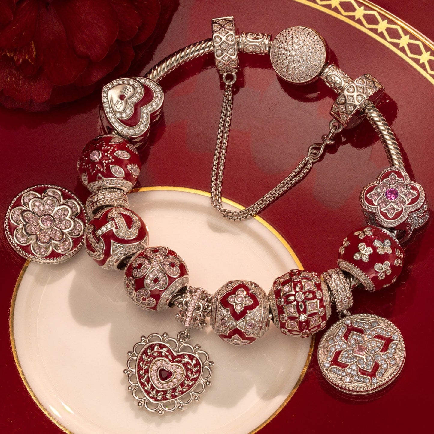 Sterling Silver Eternal Grace Charms Bracelet Set With Enamel In White Gold Plated