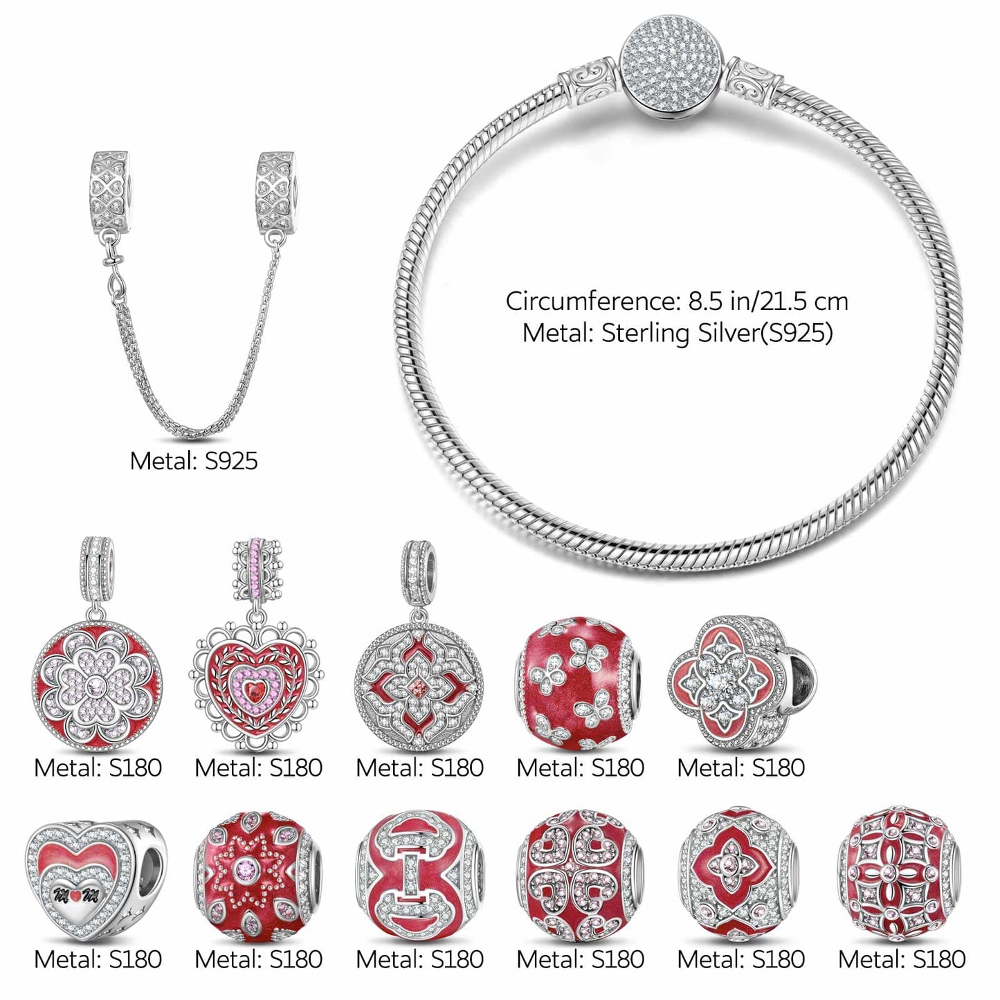 Sterling Silver Eternal Grace Charms Bracelet Set With Enamel In White Gold Plated (Includes bracelet and all charms shown)