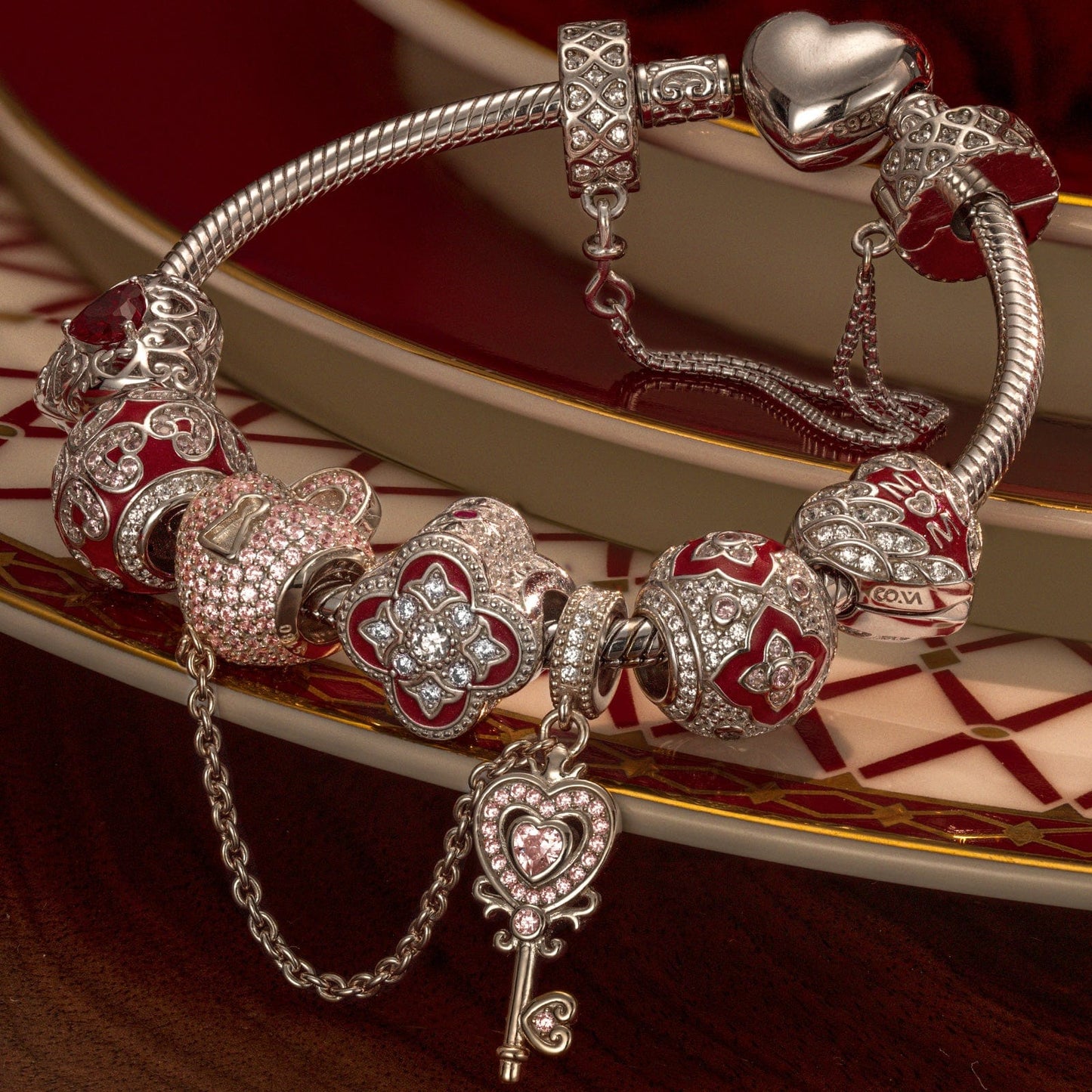 Sterling Silver Love and Light Charms Bracelet Set With Enamel In White Gold Plated (Includes bracelet and all charms shown)