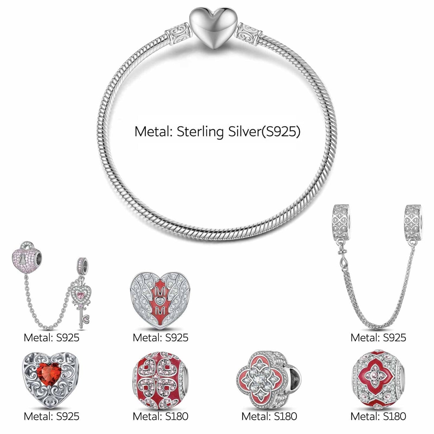 Sterling Silver Love and Light Charms Bracelet Set With Enamel In White Gold Plated (Includes bracelet and all charms shown)