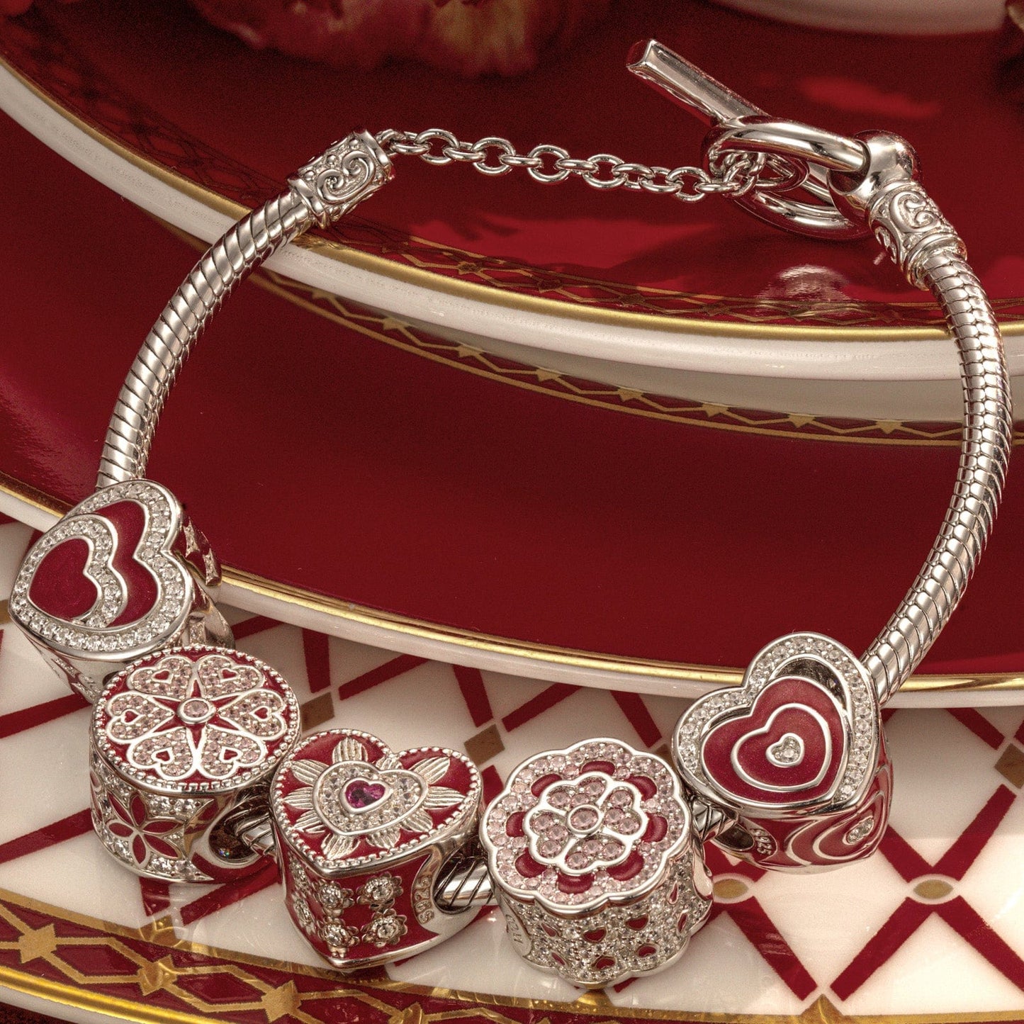 Sterling Silver Love Like Brilliant Blossoming Charms Bracelet Set With Enamel In White Gold Plated