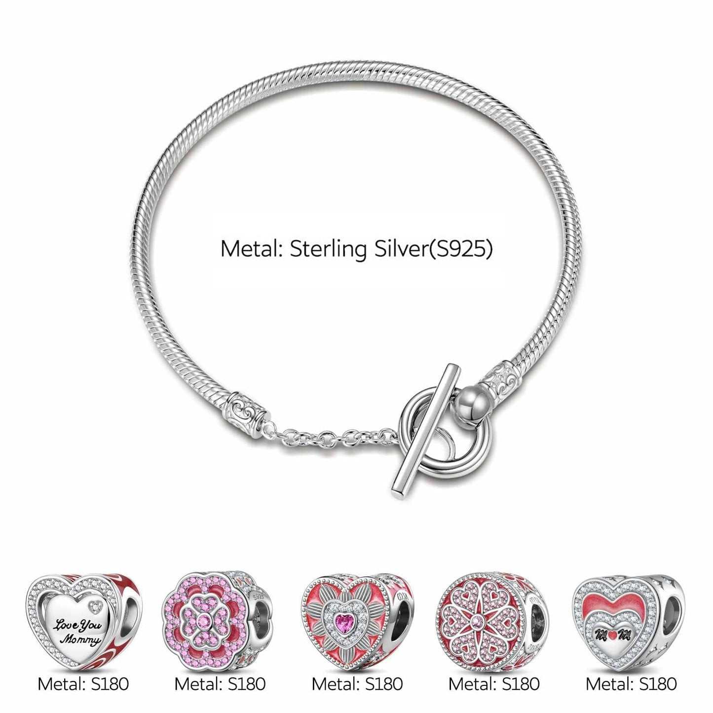 Sterling Silver Love Like Brilliant Blossoming Charms Bracelet Set With Enamel In White Gold Plated (Includes bracelet and all charms shown)