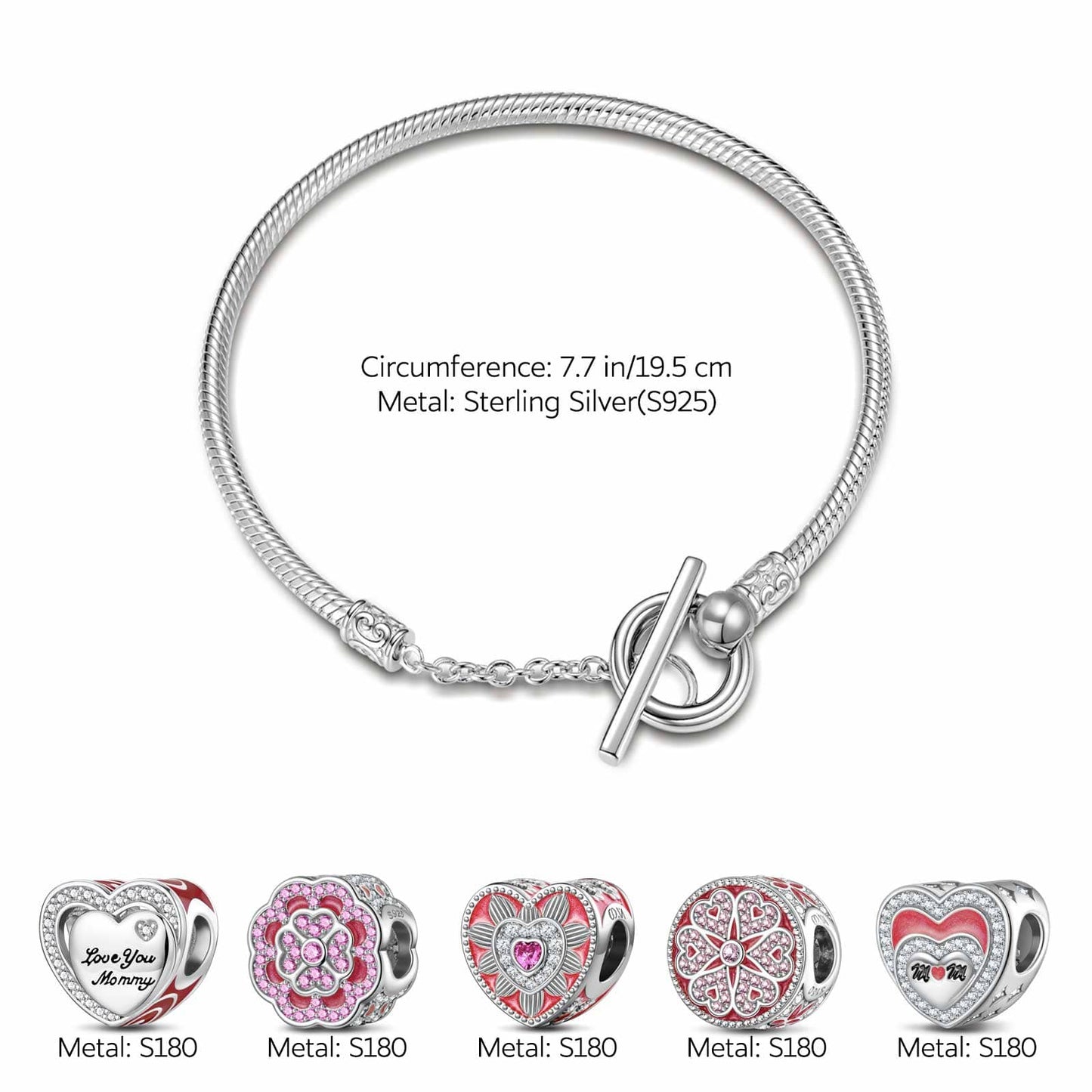 Sterling Silver Love Like Brilliant Blossoming Charms Bracelet Set With Enamel In White Gold Plated (Includes bracelet and all charms shown)