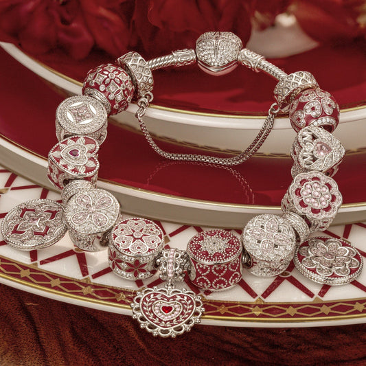 gona- Sterling Silver Love and Beauty Embrace You Charms Bracelet Set With Enamel In White Gold Plated (Includes bracelet and all charms shown)
