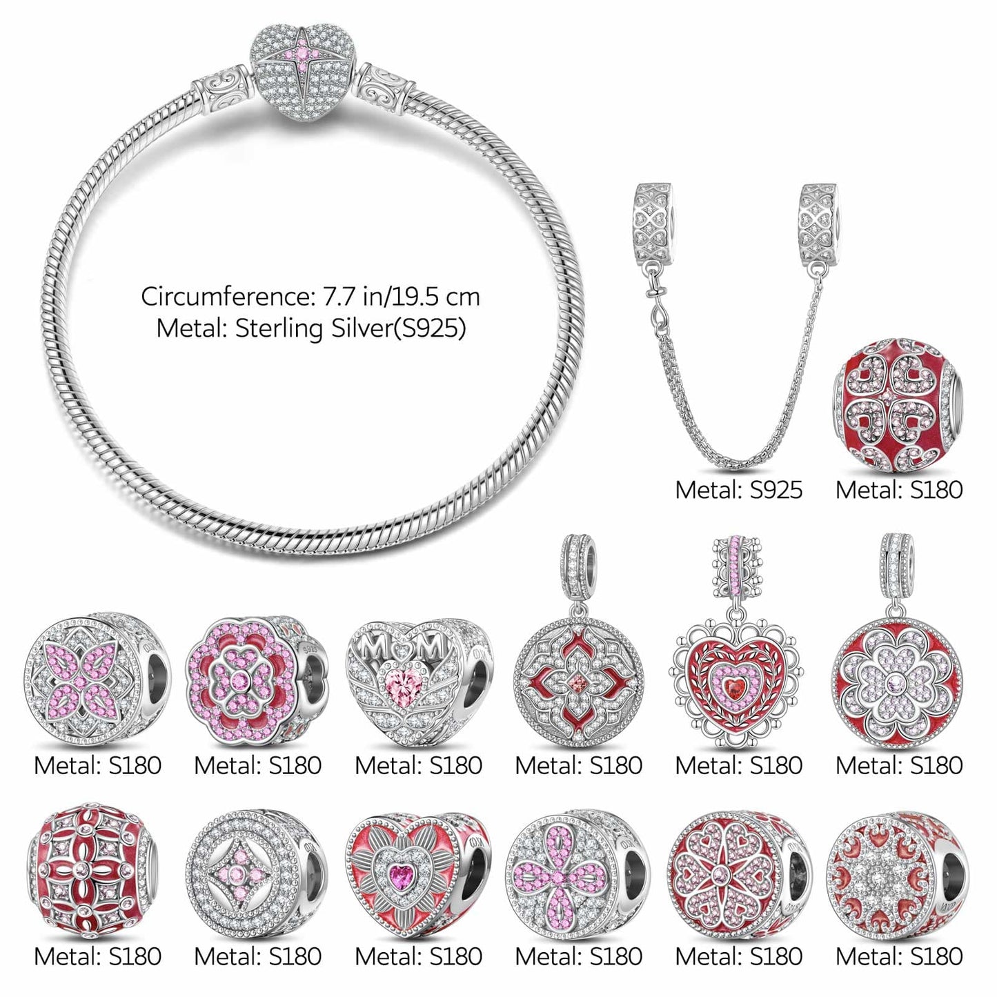 Sterling Silver Love and Beauty Embrace You Charms Bracelet Set With Enamel In White Gold Plated (Includes bracelet and all charms shown)