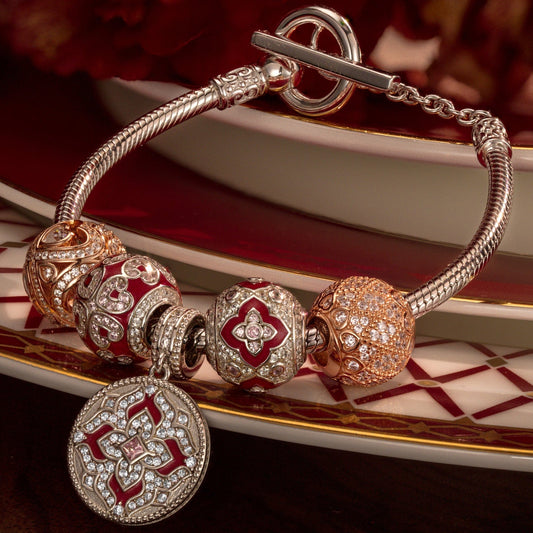 gona- Sterling Silver Timeless Embrace Charms Bracelet Set With Enamel, Featuring Dual Plating in White Gold and Rose Gold (Includes bracelet and all charms shown)