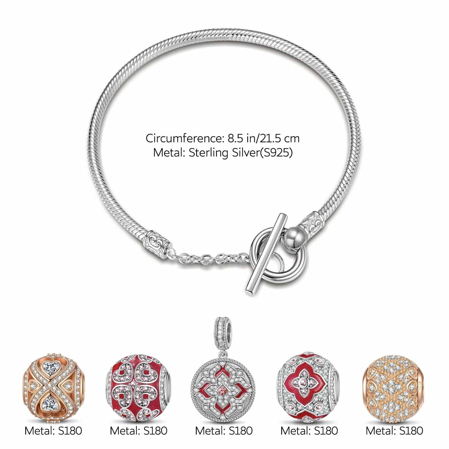 Sterling Silver Timeless Embrace Charms Bracelet Set With Enamel, Featuring Dual Plating in White Gold and Rose Gold (Includes bracelet and all charms shown)