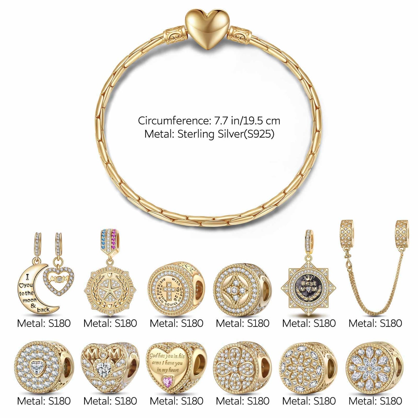 Sterling Silver Tender Love Charms Bracelet Set With Enamel In 14K Gold Plated (Includes bracelet and all charms shown)