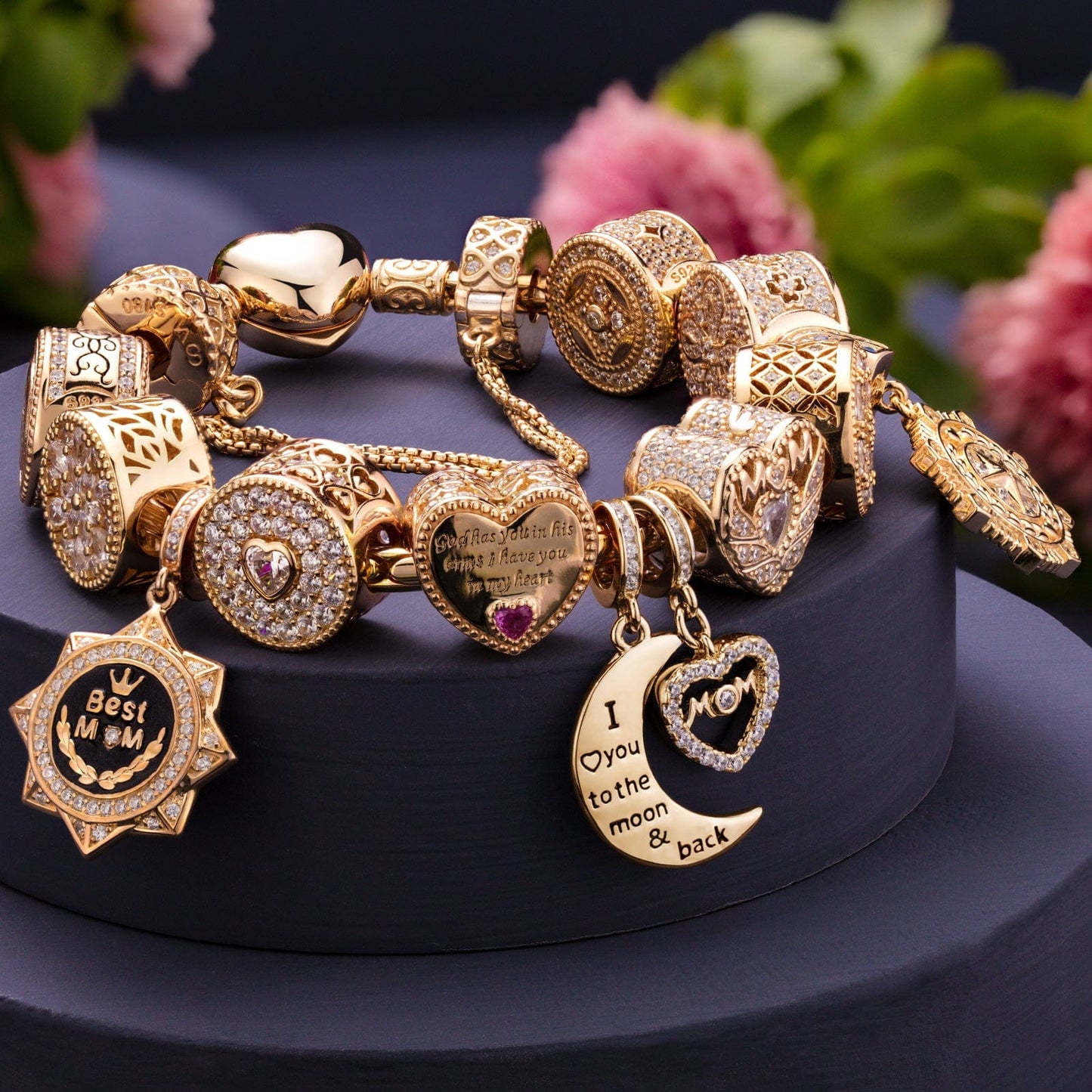 Sterling Silver Tender Love Charms Bracelet Set With Enamel In 14K Gold Plated (Includes bracelet and all charms shown)