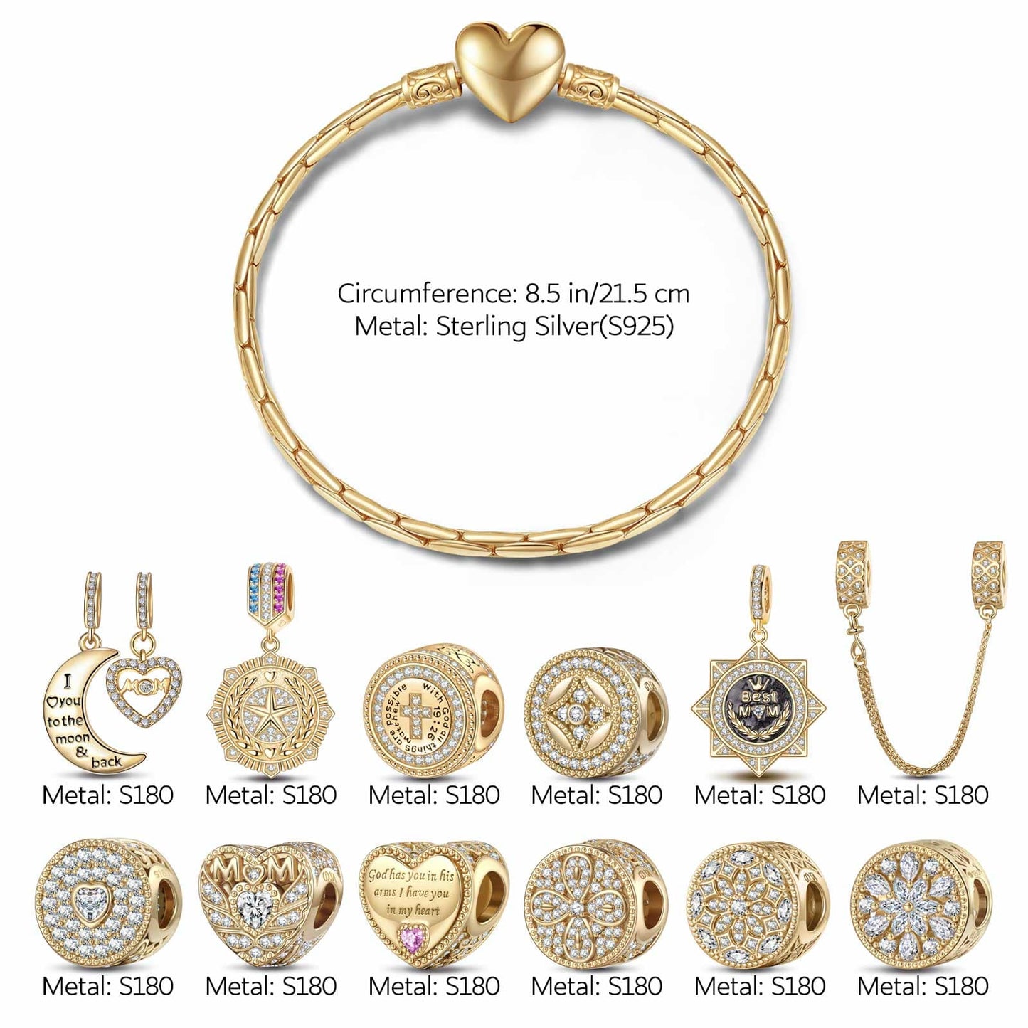 Sterling Silver Tender Love Charms Bracelet Set With Enamel In 14K Gold Plated