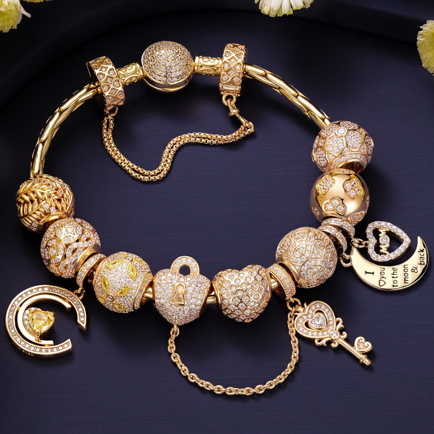 Sterling Silver Precious Connection Charms Bracelet Set In 14K Gold Plated (Includes bracelet and all charms shown)