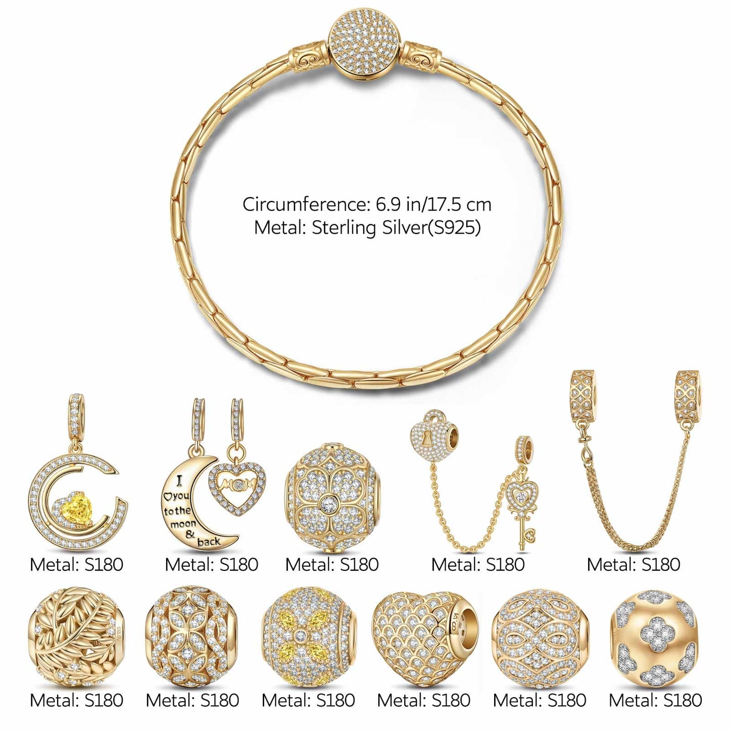 Sterling Silver Precious Connection Charms Bracelet Set In 14K Gold Plated