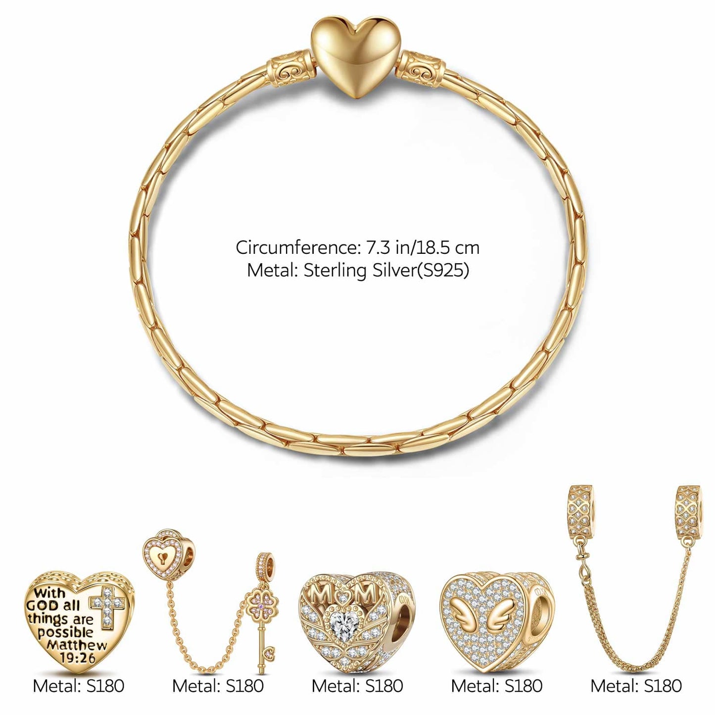 Sterling Silver Love to Mom Charms Bracelet Set With Enamel In 14K Gold Plated (Includes bracelet and all charms shown)