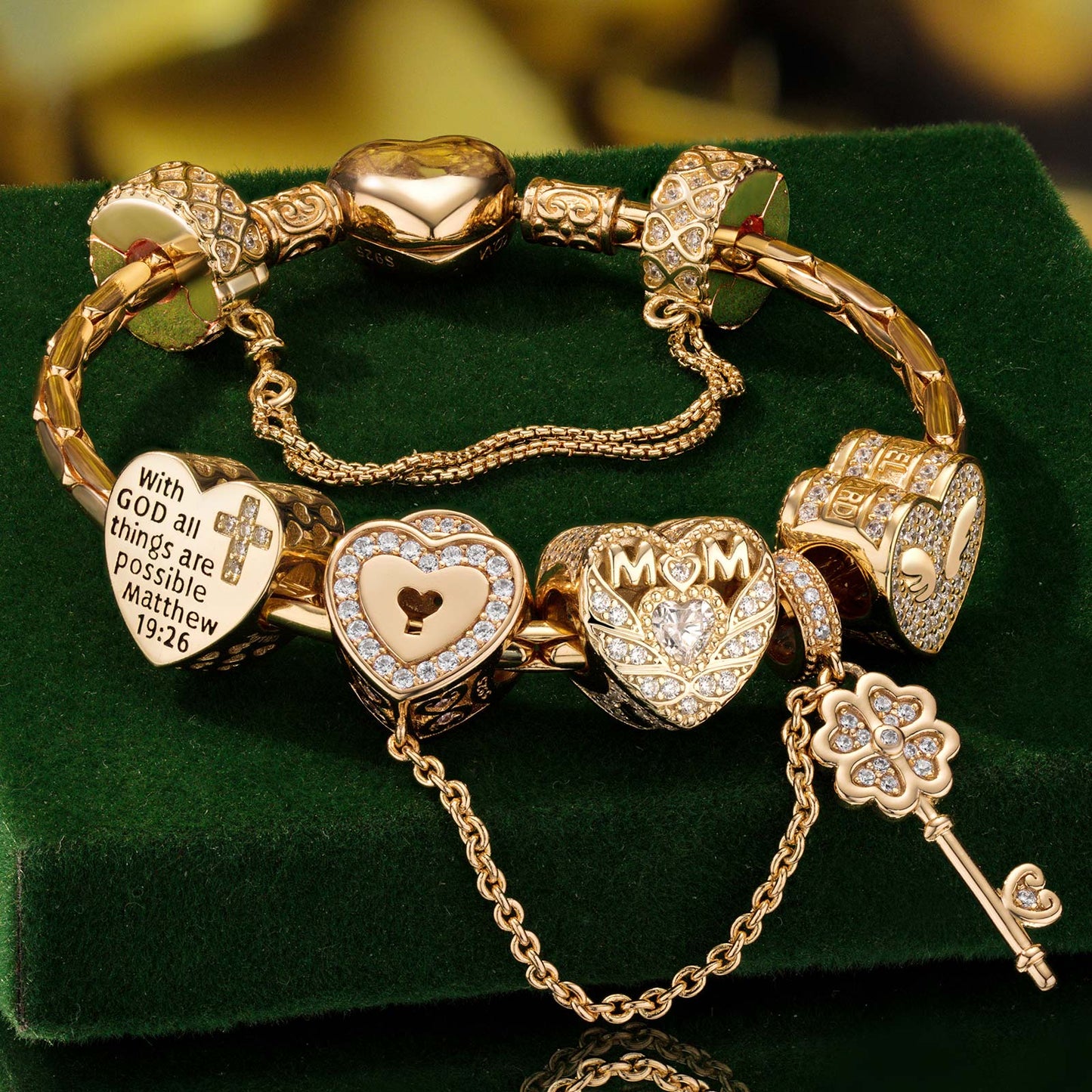 Sterling Silver Love to Mom Charms Bracelet Set With Enamel In 14K Gold Plated (Includes bracelet and all charms shown)