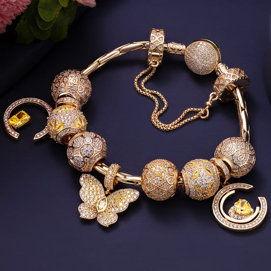gona- Sterling Silver Warmth in Golden Blooms Charms Bracelet Set In 14K Gold Plated (Includes bracelet and all charms shown)