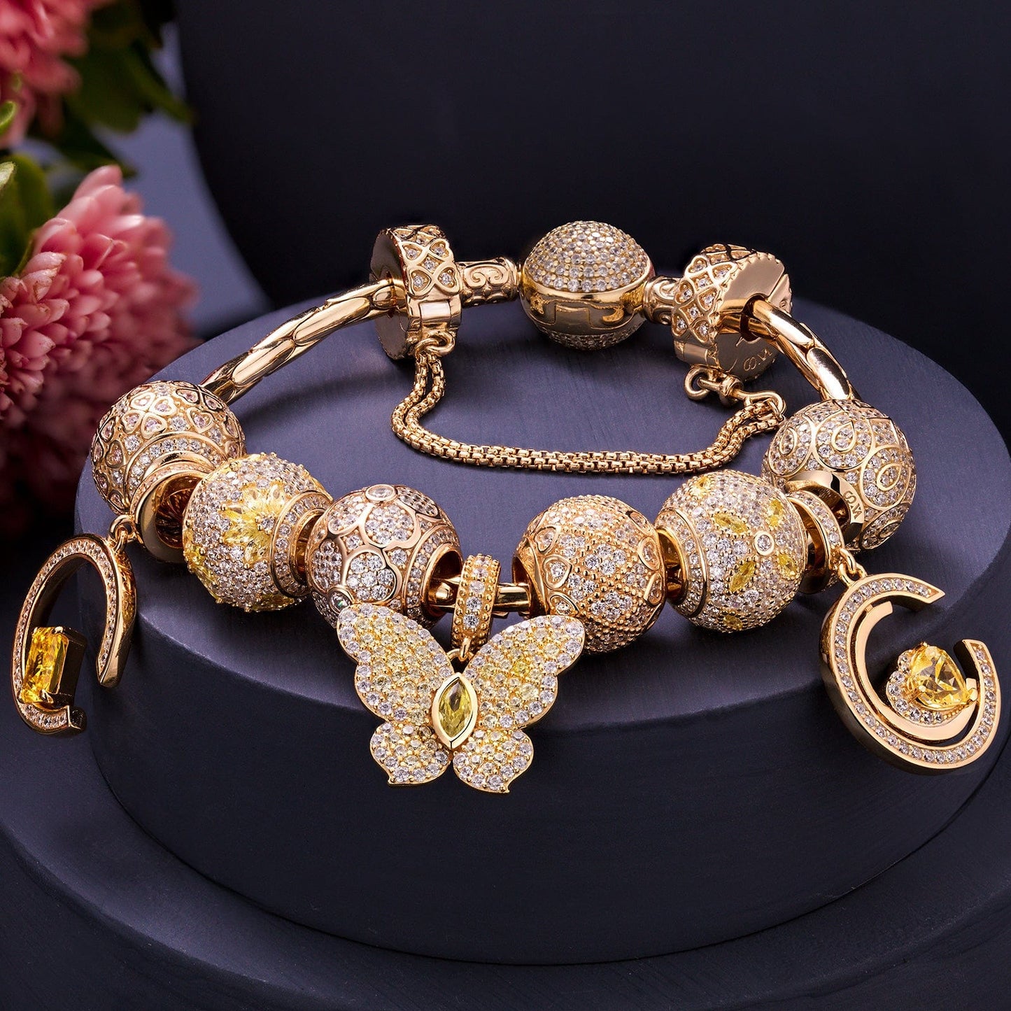 Sterling Silver Warmth in Golden Blooms Charms Bracelet Set In 14K Gold Plated