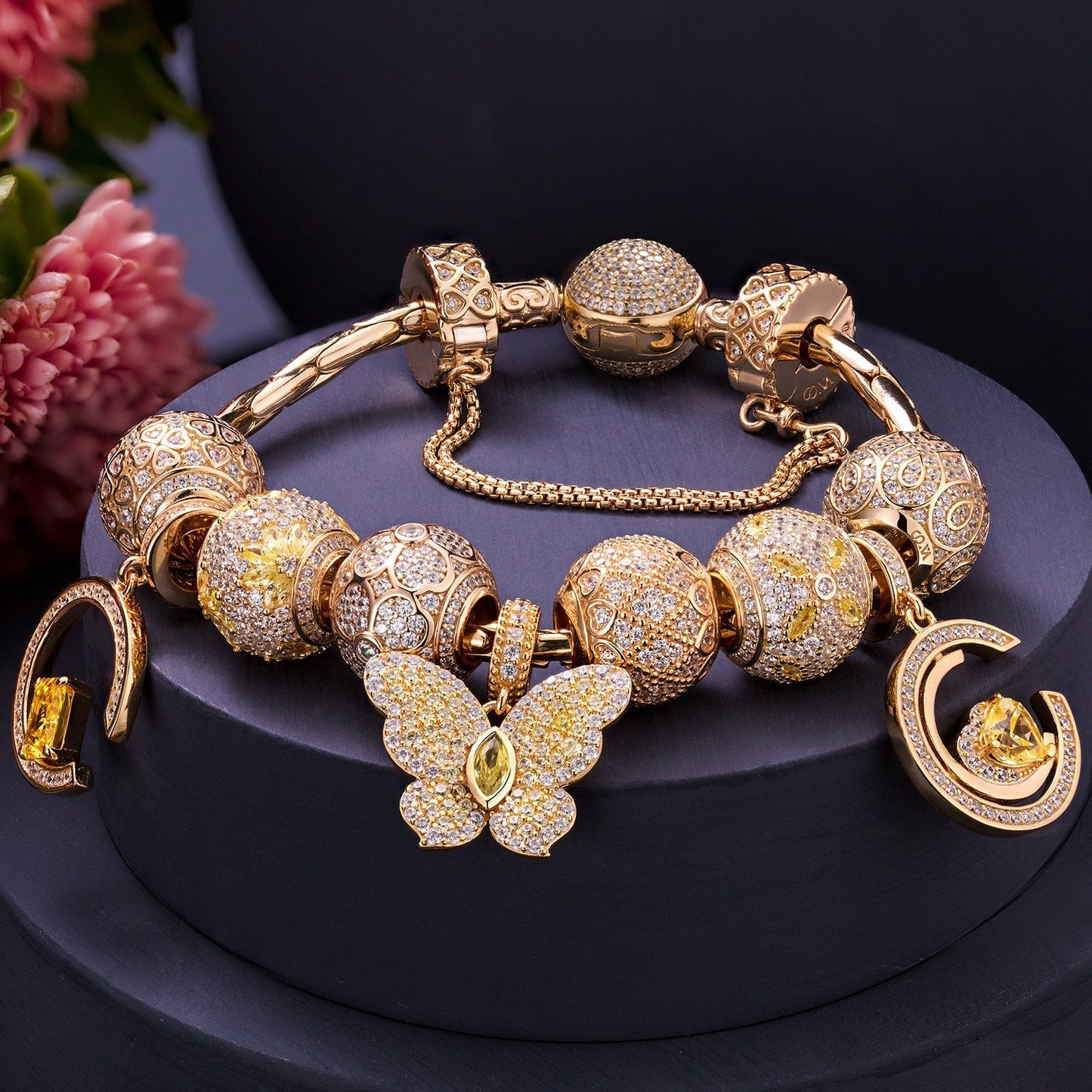 Sterling Silver Warmth in Golden Blooms Charms Bracelet Set In 14K Gold Plated (Includes bracelet and all charms shown)