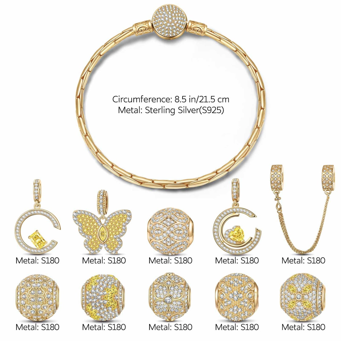 Sterling Silver Warmth in Golden Blooms Charms Bracelet Set In 14K Gold Plated (Includes bracelet and all charms shown)