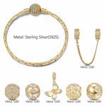 Sterling Silver Golden Butterfly and Blooms Charms Bracelet Set In 14K Gold Plated (Includes bracelet and all charms shown)