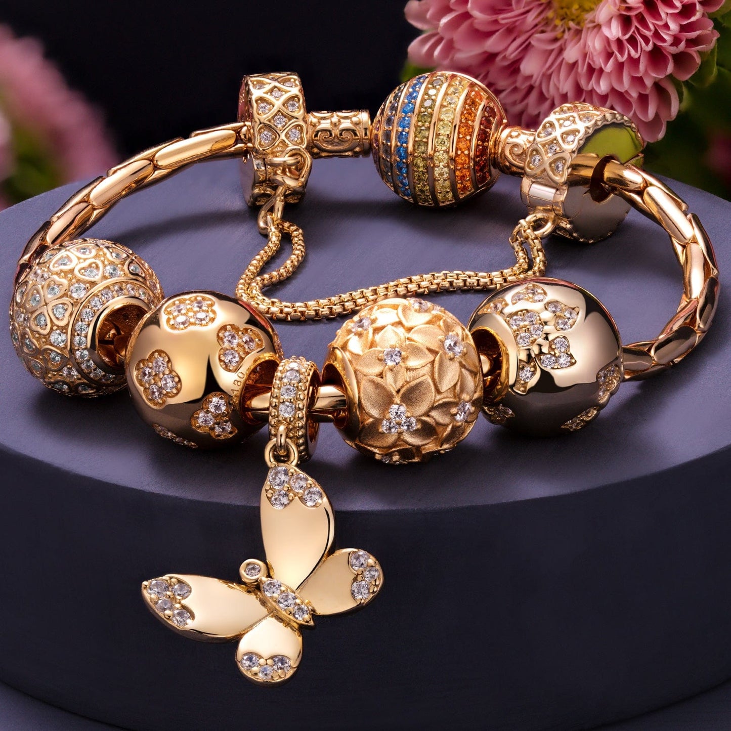 Sterling Silver Golden Butterfly and Blooms Charms Bracelet Set In 14K Gold Plated