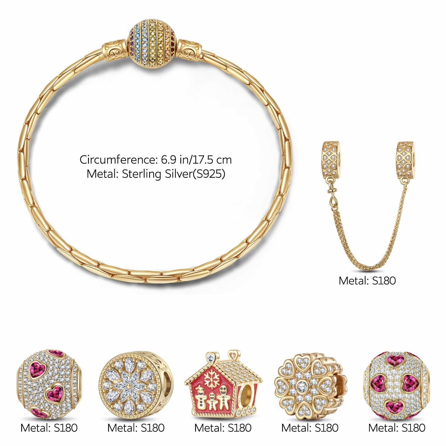 Sterling Silver Love Belonging Charms Bracelet Set With Enamel In 14K Gold Plated