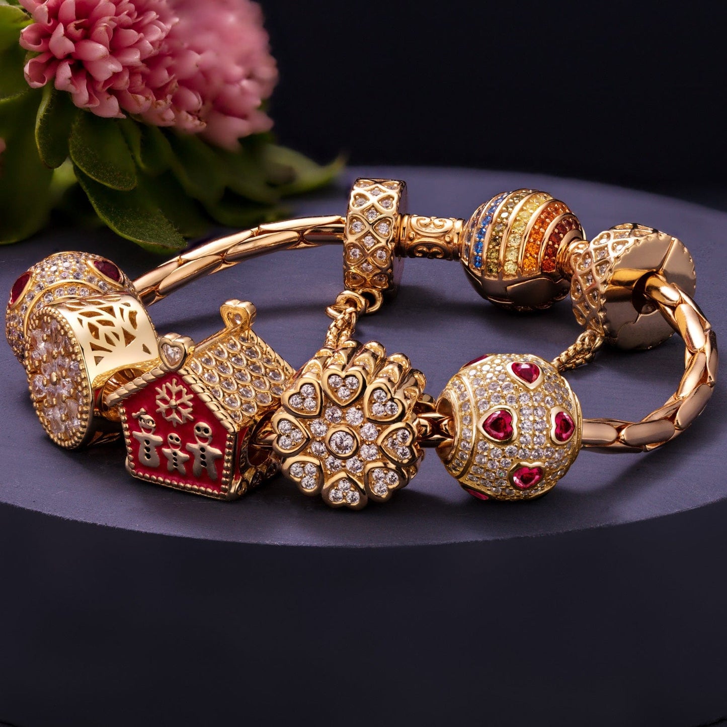 Sterling Silver Love Belonging Charms Bracelet Set With Enamel In 14K Gold Plated