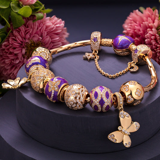 gona- Sterling Silver Wings of Spring Charms Bracelet Set With Enamel In 14K Gold Plated (Includes bracelet and all charms shown)