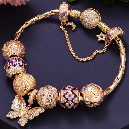 gona- Sterling Silver Butterfly Bliss Charms Bracelet Set With Enamel In 14K Gold Plated (Includes bracelet and all charms shown)