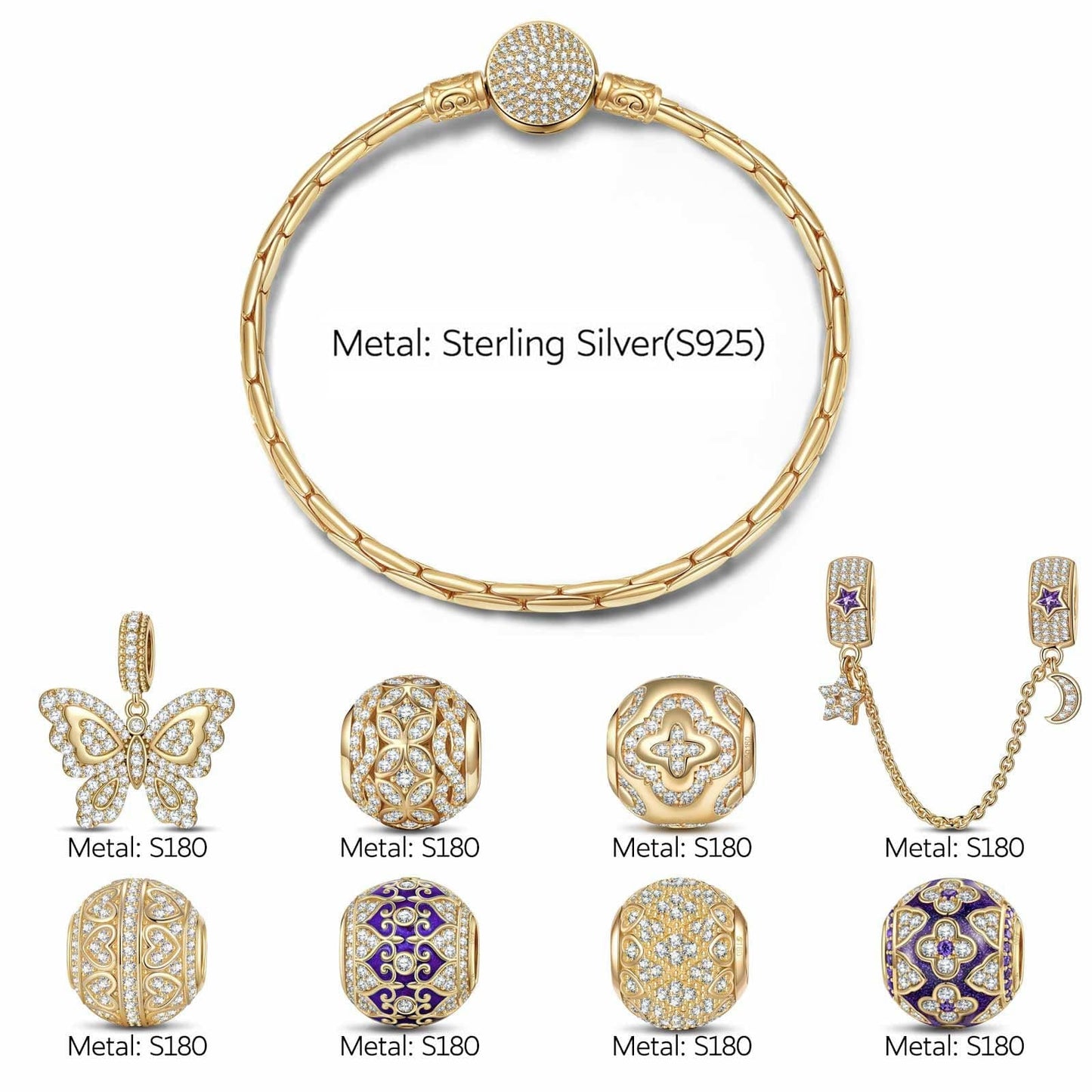 Sterling Silver Butterfly Bliss Charms Bracelet Set With Enamel In 14K Gold Plated (Includes bracelet and all charms shown)