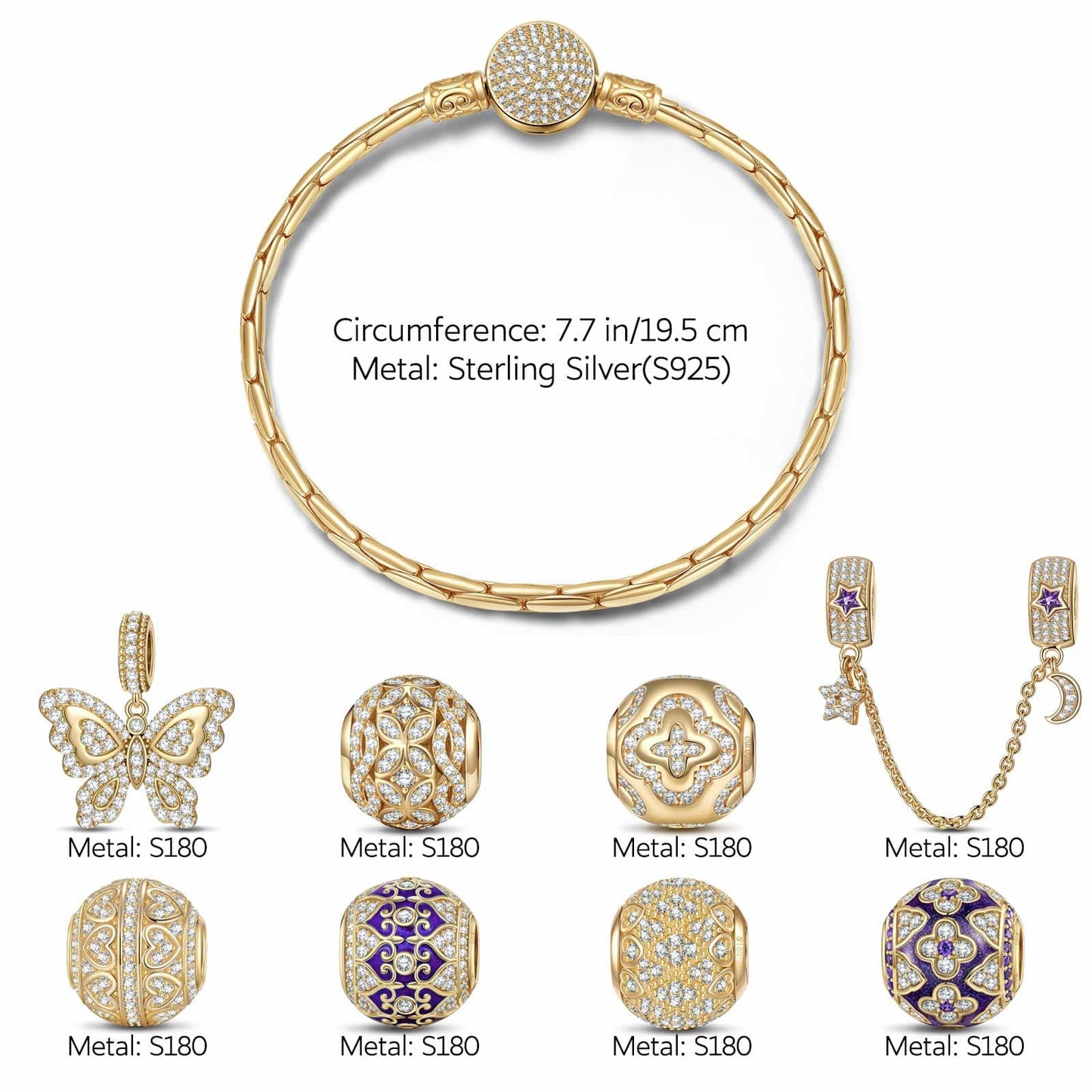 Sterling Silver Butterfly Bliss Charms Bracelet Set With Enamel In 14K Gold Plated (Includes bracelet and all charms shown)