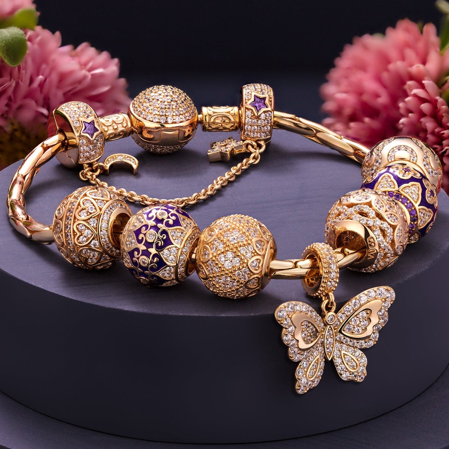 Sterling Silver Butterfly Bliss Charms Bracelet Set With Enamel In 14K Gold Plated
