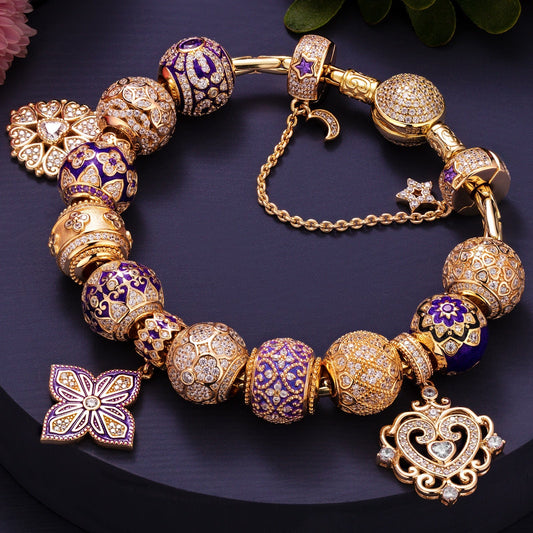 gona- Sterling Silver Blooming Cherish and Bliss Charms Bracelet Set With Enamel In 14K Gold Plated (Includes bracelet and all charms shown)