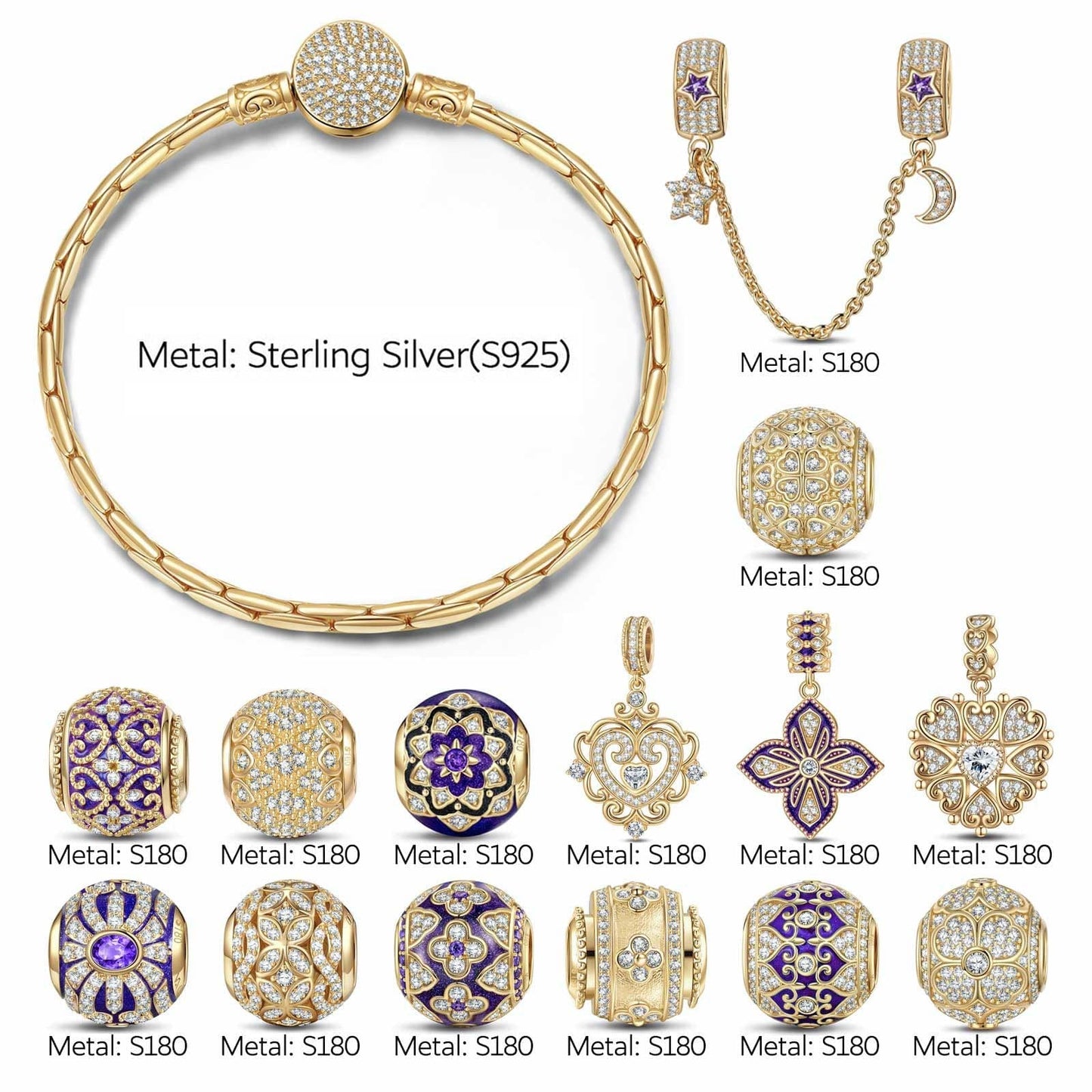 Sterling Silver Blooming Cherish and Bliss Charms Bracelet Set With Enamel In 14K Gold Plated (Includes bracelet and all charms shown)