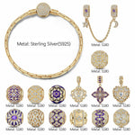 Sterling Silver Blooming Cherish and Bliss Charms Bracelet Set With Enamel In 14K Gold Plated (Includes bracelet and all charms shown)