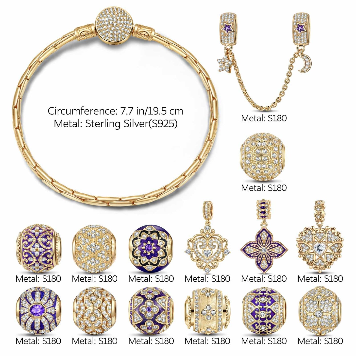 Sterling Silver Blooming Cherish and Bliss Charms Bracelet Set With Enamel In 14K Gold Plated (Includes bracelet and all charms shown)