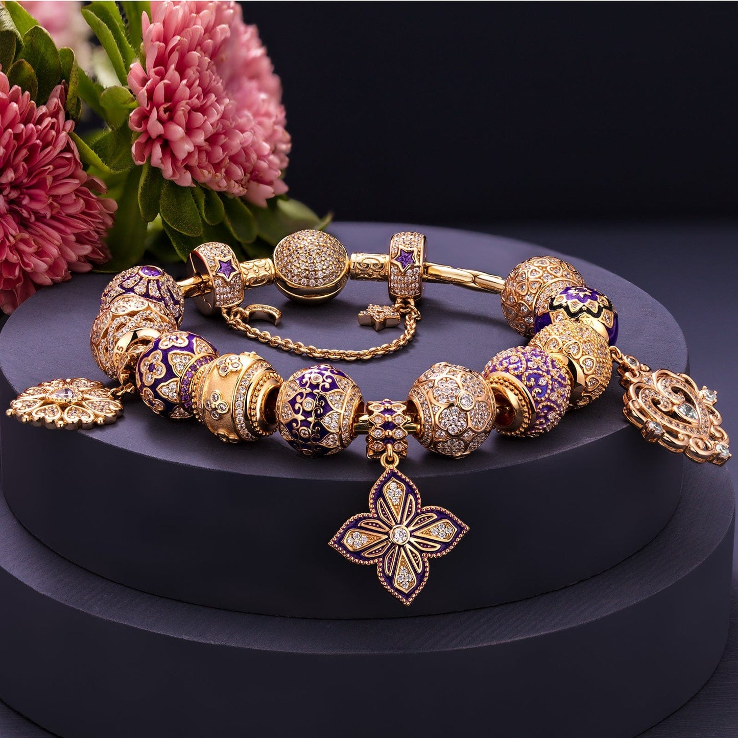 Sterling Silver Blooming Cherish and Bliss Charms Bracelet Set With Enamel In 14K Gold Plated