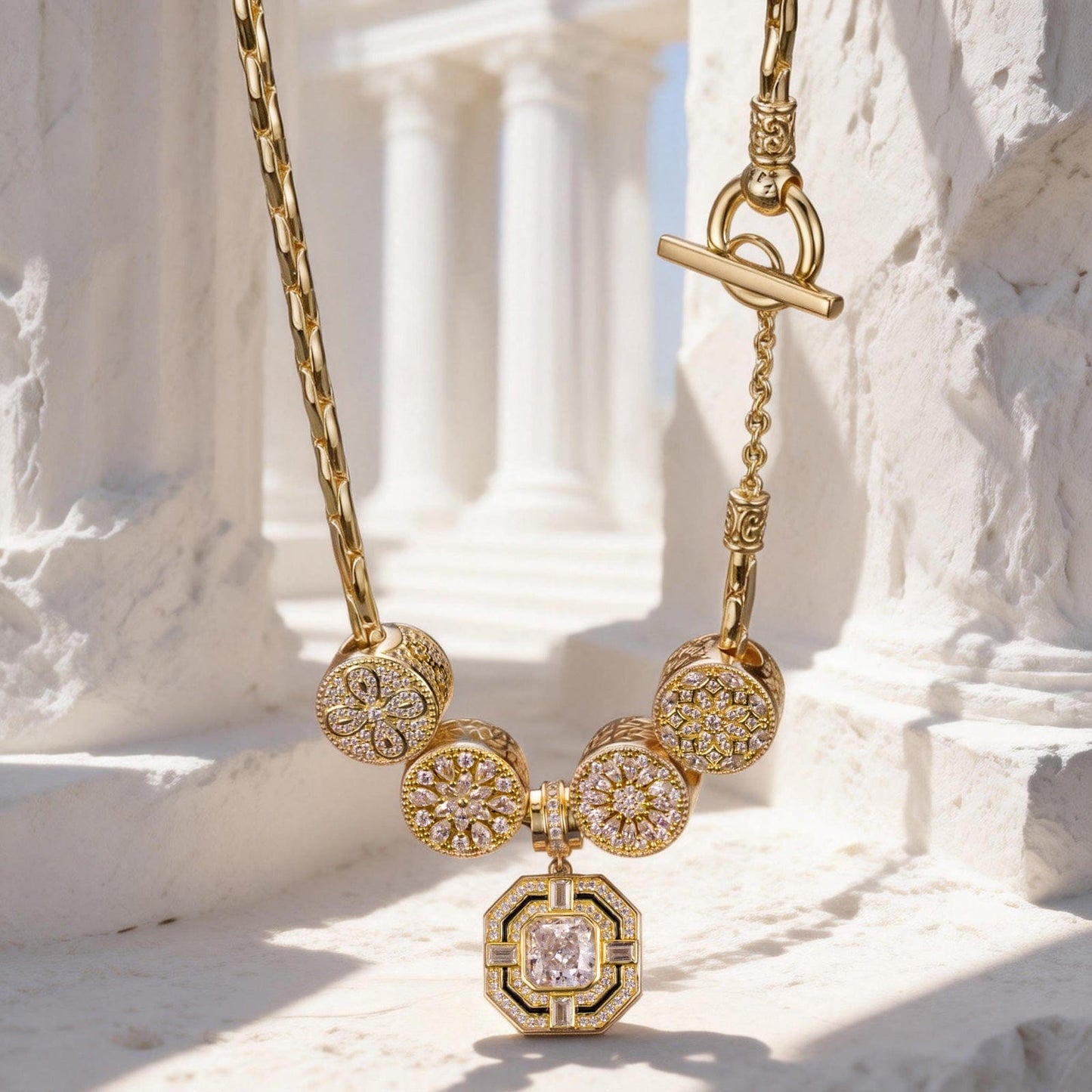 Sterling Silver Luminescent Elegance Charms Necklace Set In 14K Gold Plated