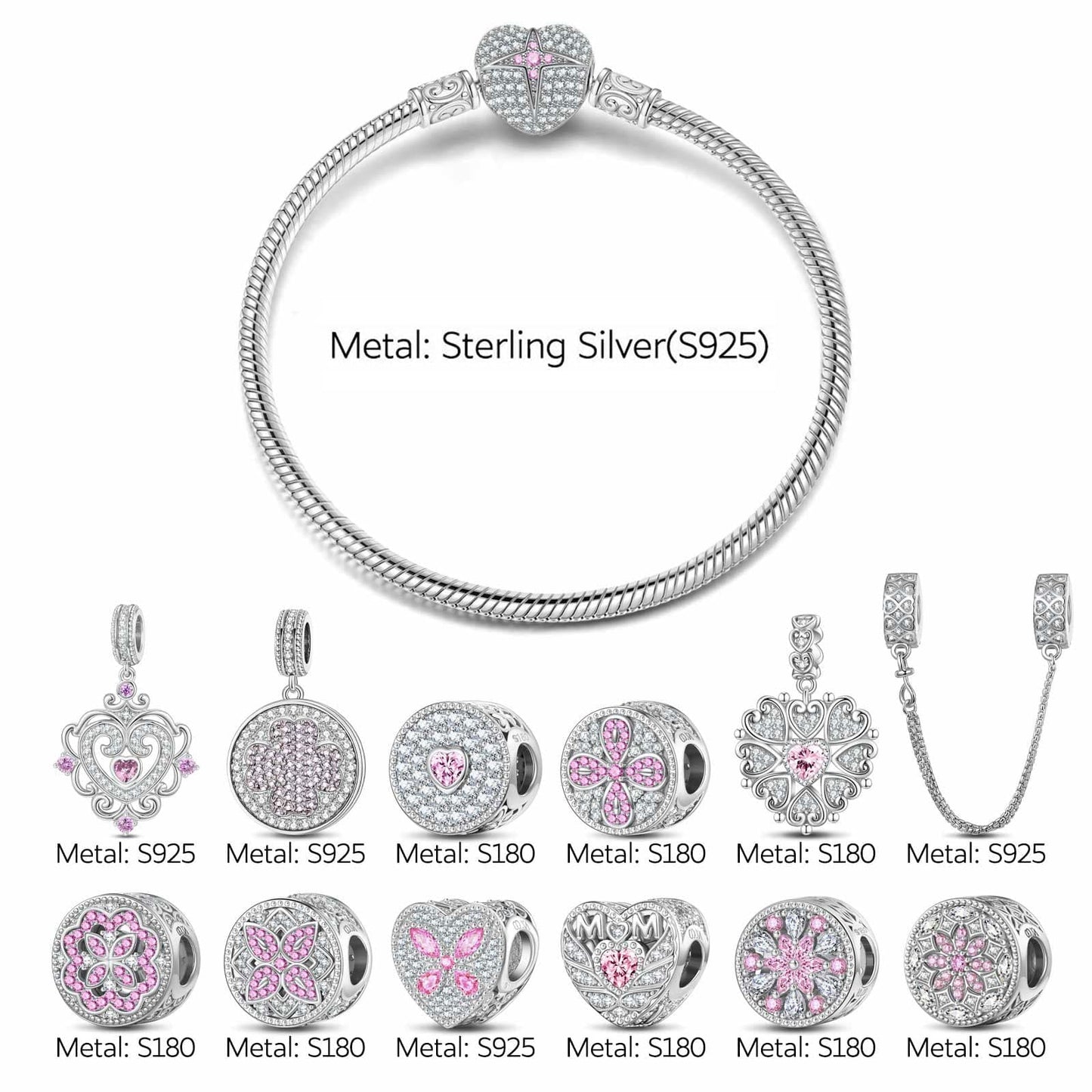 Sterling Silver Love Blossom Charms Bracelet Set In White Gold Plated (Includes bracelet and all charms shown)