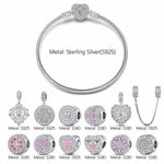 Sterling Silver Love Blossom Charms Bracelet Set In White Gold Plated (Includes bracelet and all charms shown)