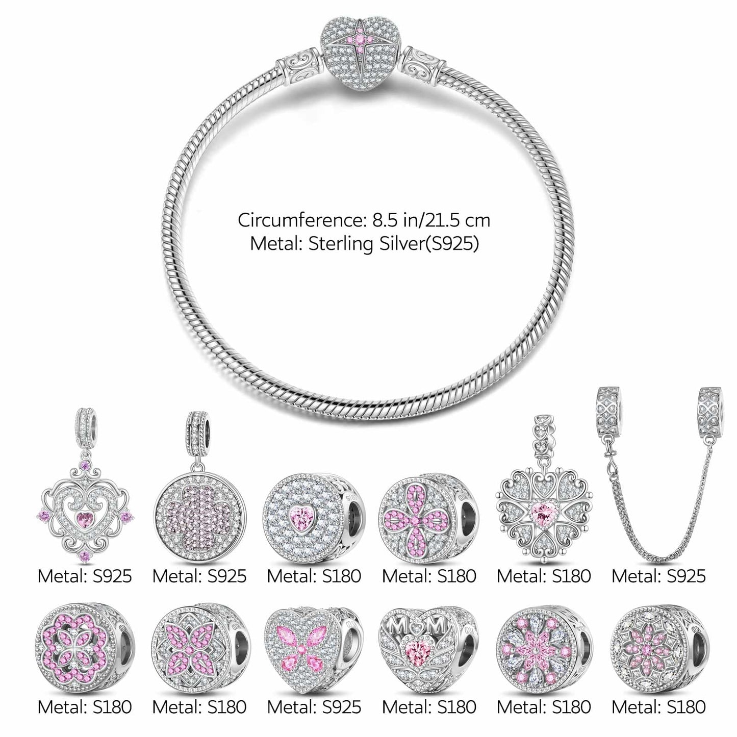 Sterling Silver Love Blossom Charms Bracelet Set In White Gold Plated