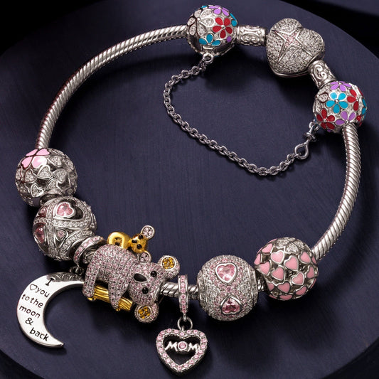 gona- Sterling Silver Motherly Love Eternal Charms Bracelet Set With Enamel In White Gold Plated (Includes bracelet and all charms shown)