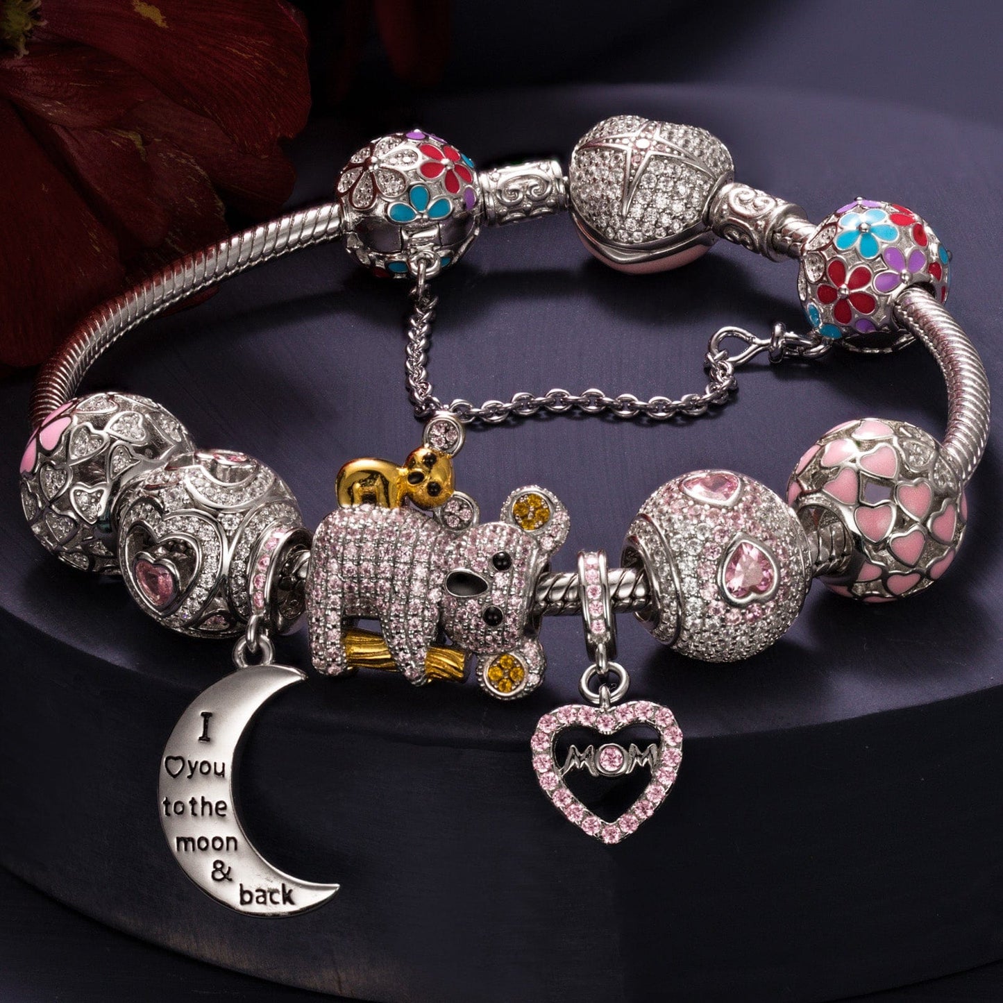 Sterling Silver Motherly Love Eternal Charms Bracelet Set With Enamel In White Gold Plated (Includes bracelet and all charms shown)