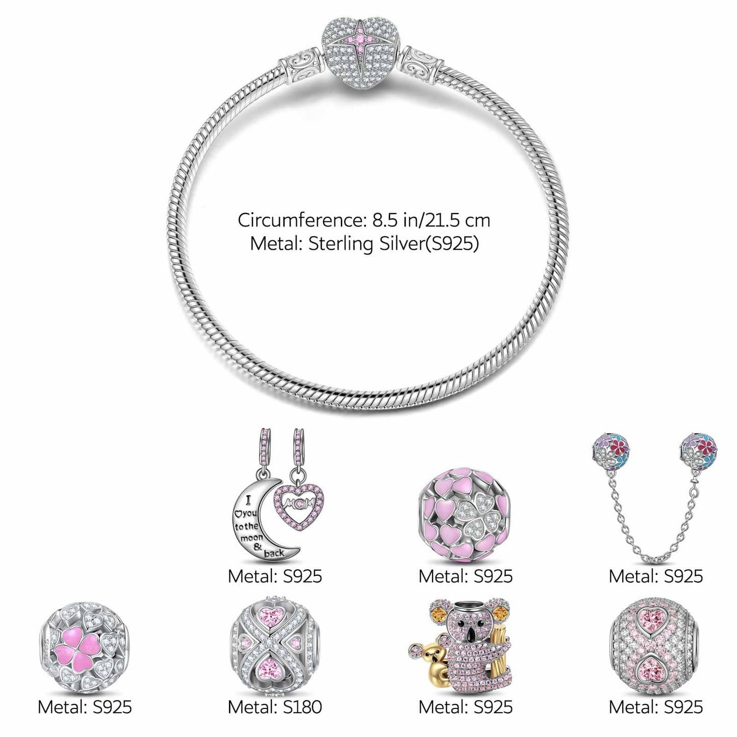 Sterling Silver Motherly Love Eternal Charms Bracelet Set With Enamel In White Gold Plated (Includes bracelet and all charms shown)