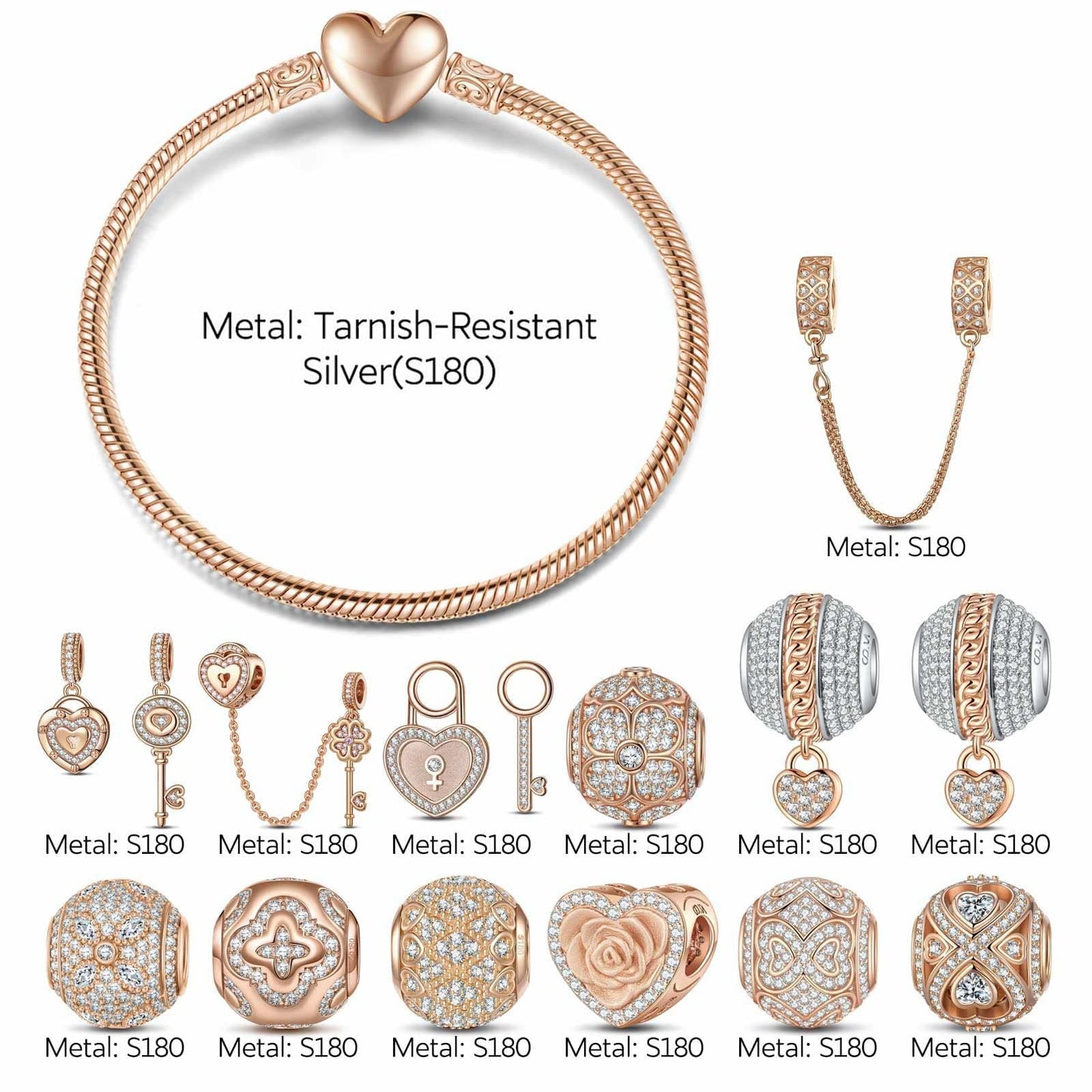 Sterling Silver Rose in the Heart Charms Bracelet Set In Rose Gold Plated (Includes bracelet and all charms shown)