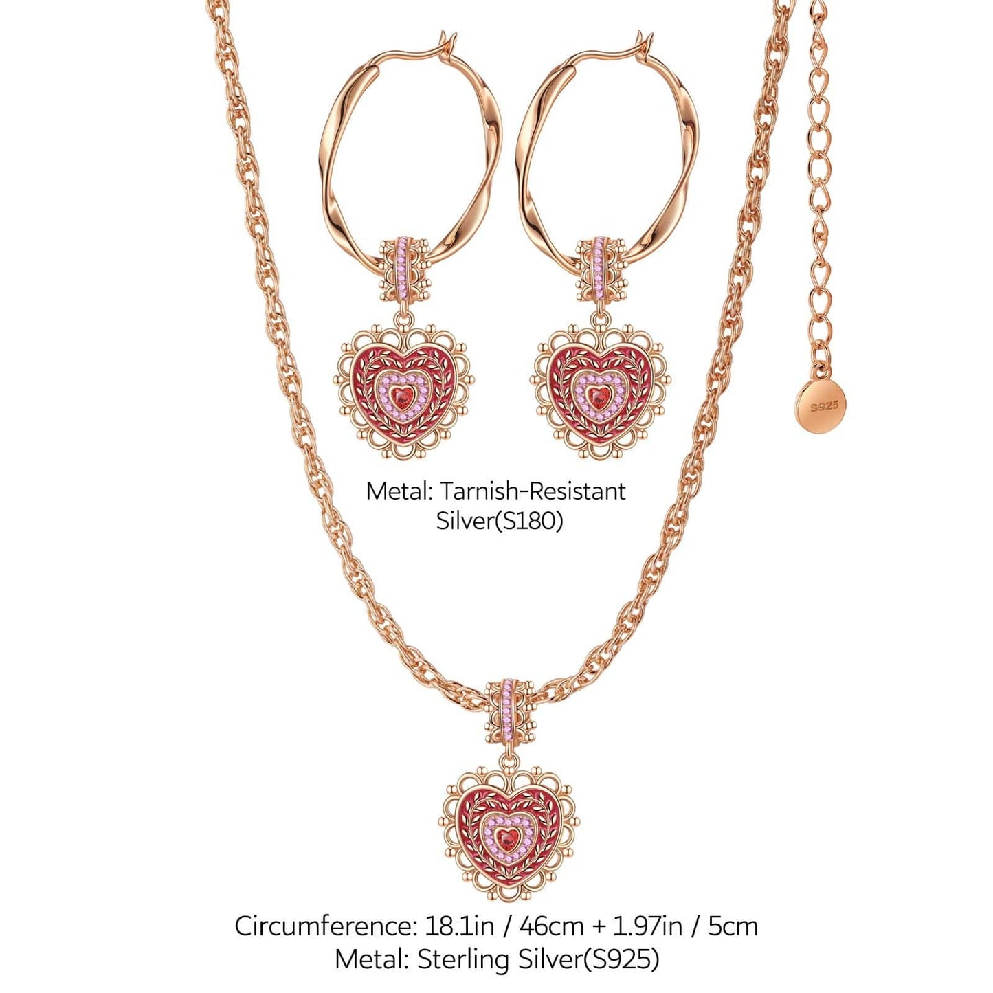 Sterling Silver Crowned With Love Charms Necklace and Charms Earrings Set With Enamel In Rose Gold Plated