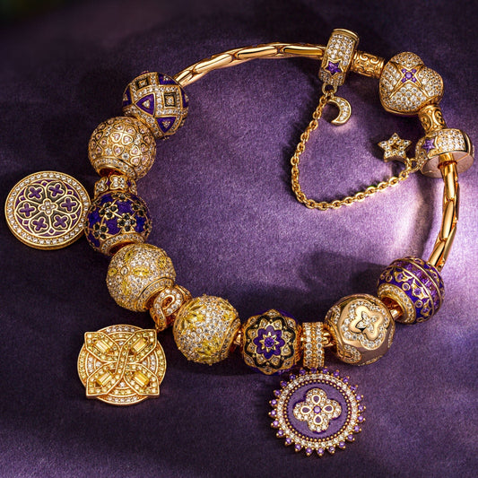 gona- Sterling Silver Four-Leaf Beauty Charms Bracelet Set With Enamel In 14K Gold Plated (Includes bracelet and all charms shown)