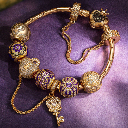 gona- Sterling Silver Heartfelt Blossom Charms Bracelet Set With Enamel In 14K Gold Plated (Includes bracelet and all charms shown)