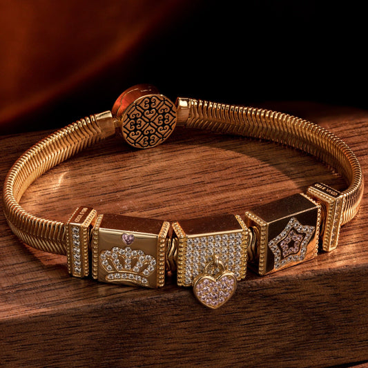 gon- Sterling Silver Stellar Princess Rectangular Charms Bracelet Set In 14K Gold Plated