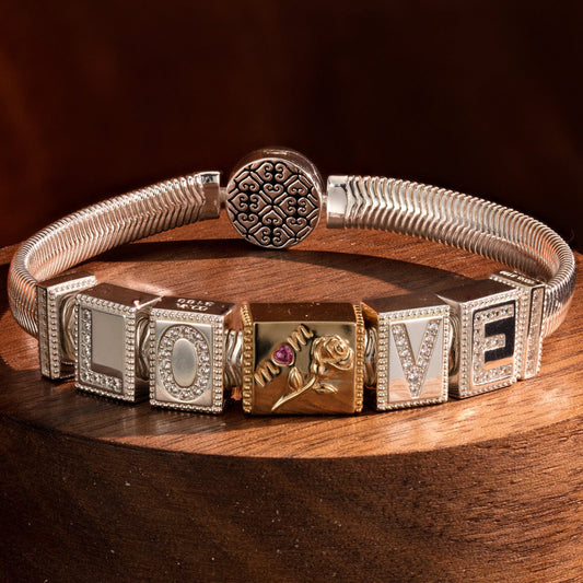gona- Sterling Silver Love You Mom Rectangular Charms Bracelet Set, Featuring Dual Plating in 14K Gold and White Gold (Includes bracelet and all charms shown)