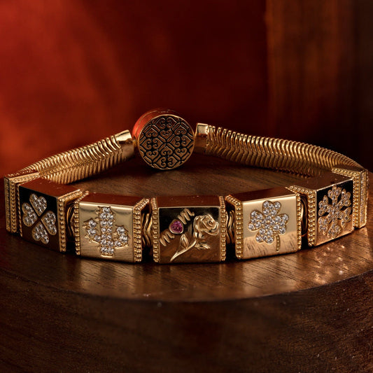 gon- Sterling Silver Enchanted Blossom Rectangular Charms Bracelet Set In 14K Gold Plated
